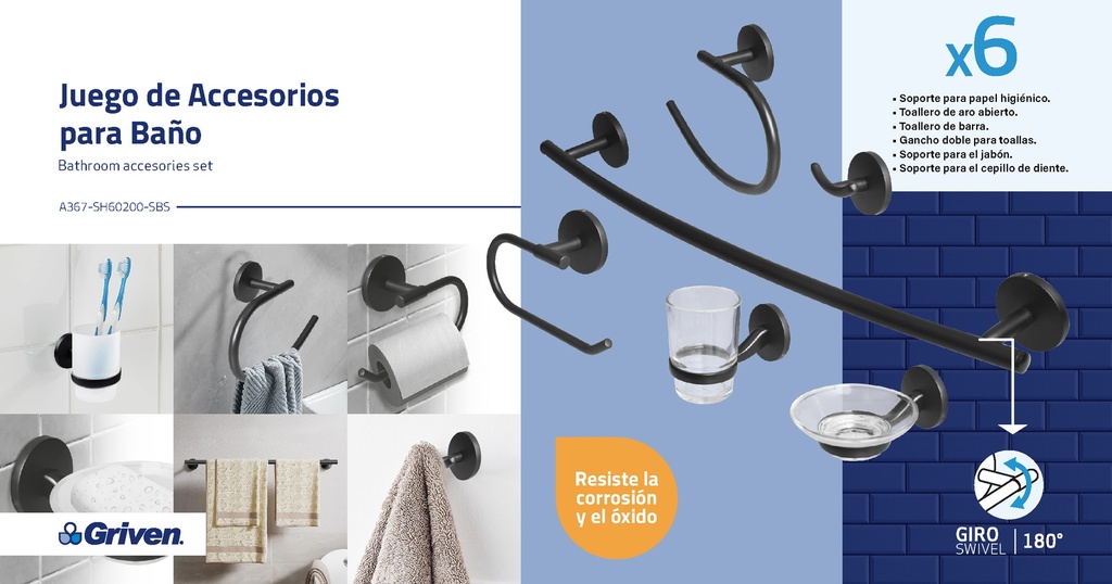 Juego de Accesorios para Baño 6pza GRIVEN Black Series