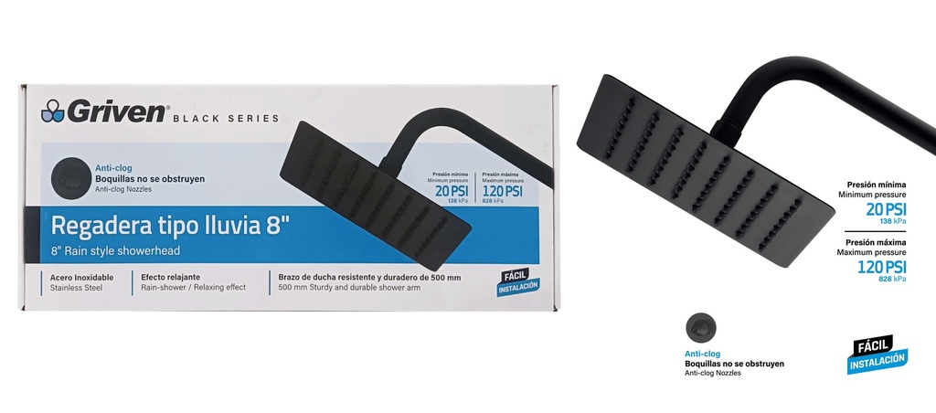 Regadera Tipo Lluvia 8" GRIVEN BLACK SERIES