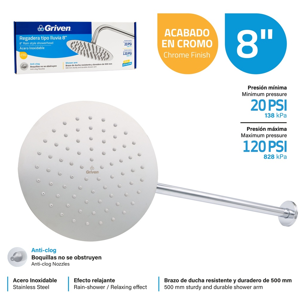 Regadera Tipo Lluvia 8" GRIVEN