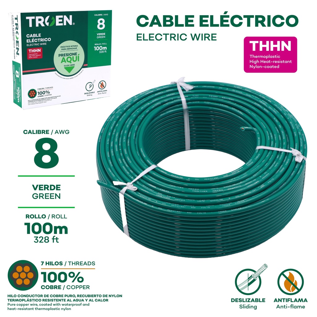 Cable Electrico #8 X 100m Verde TROEN