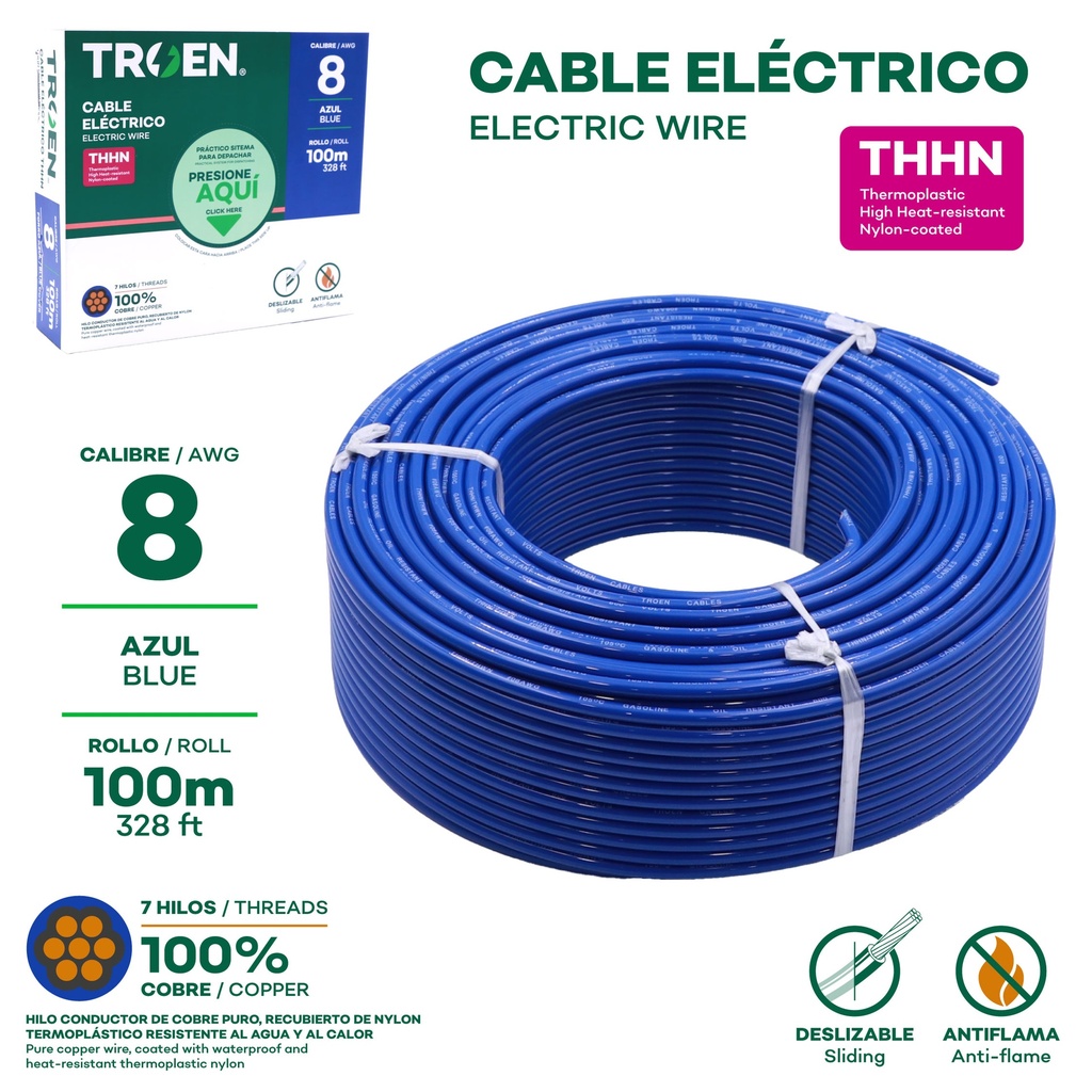 Cable Electrico #8 X 100m Azul TROEN