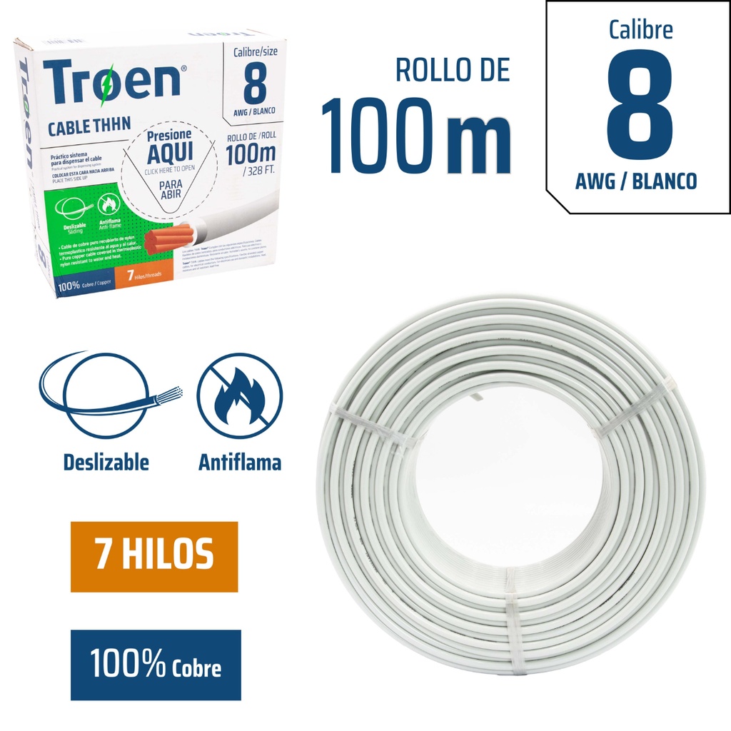 Cable Electrico #8 X 100m Blanco TROEN