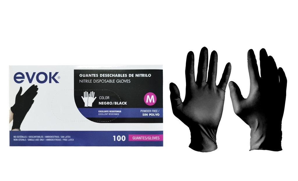 Guantes de Nitrilo Negro M 100pza EVOK
