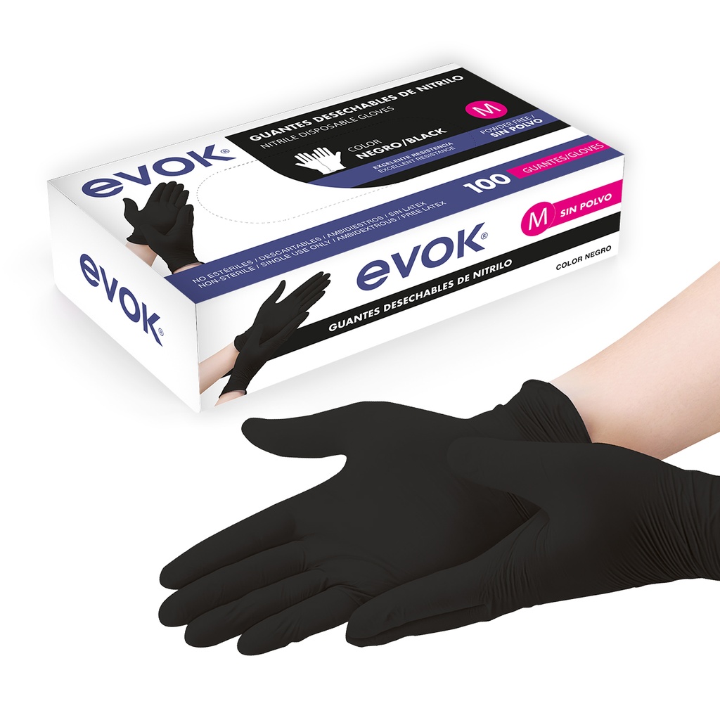 Guantes de Nitrilo Negro M 100pza EVOK