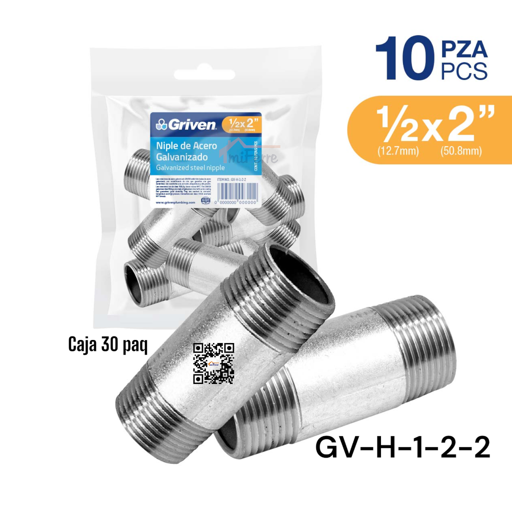 Niple Galvanizado 1/2X2&quot; GRIVEN 10pza