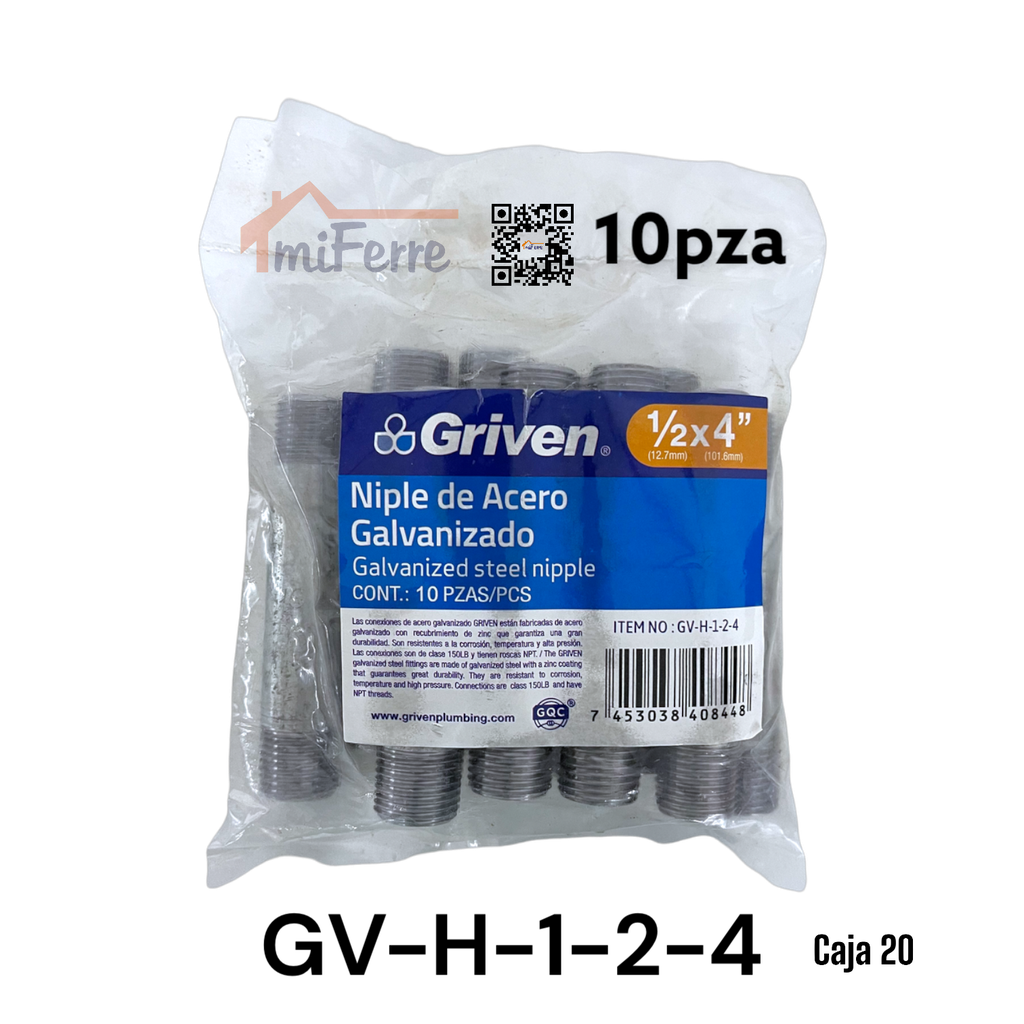 Niple Galvanizado 1/2X4&quot; GRIVEN 10pza