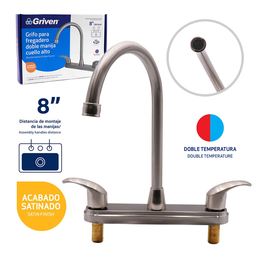 Grifo para Fregadero Doble Manija Cuello Alto GRIVEN