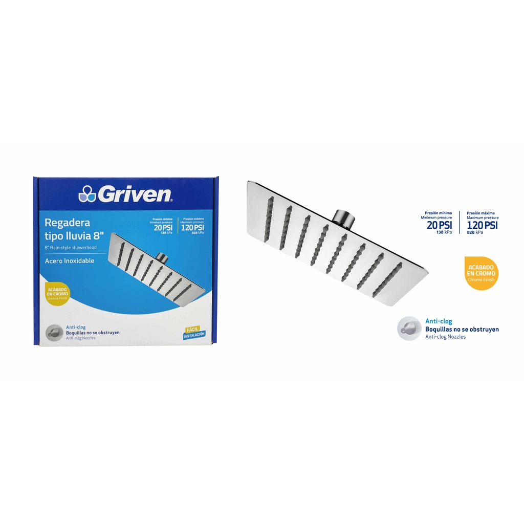Regadera para Ducha Cuadrada 8" GRIVEN