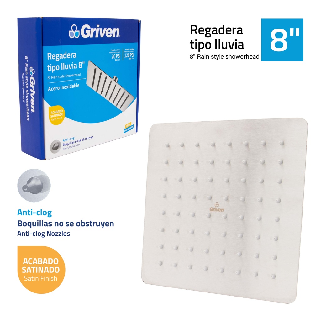 Regadera para Ducha Cabeza Cuadrada 8" GRIVEN