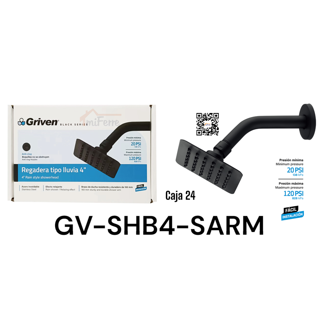 Regadera Tipo Lluvia 4" GRIVEN BLACK SERIES