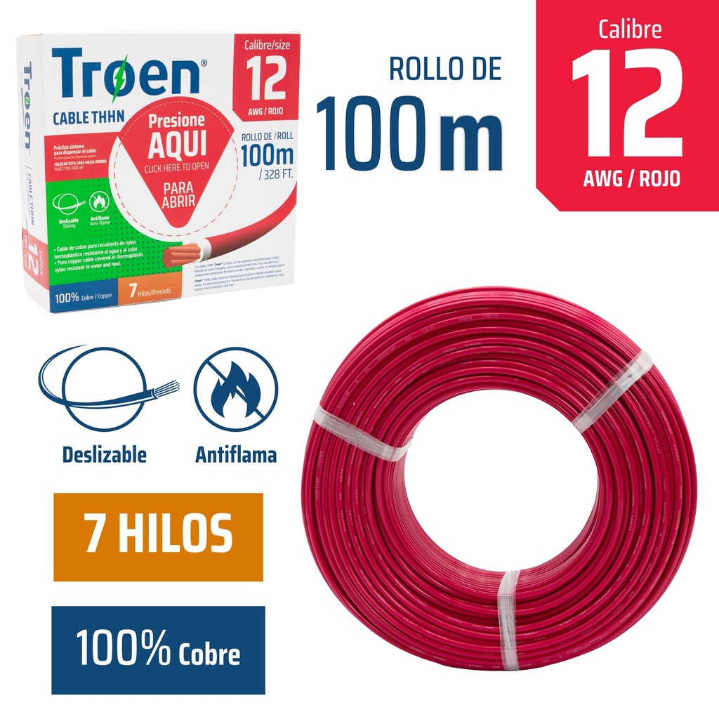 Cable Electrico #12 X 100m Rojo TROEN