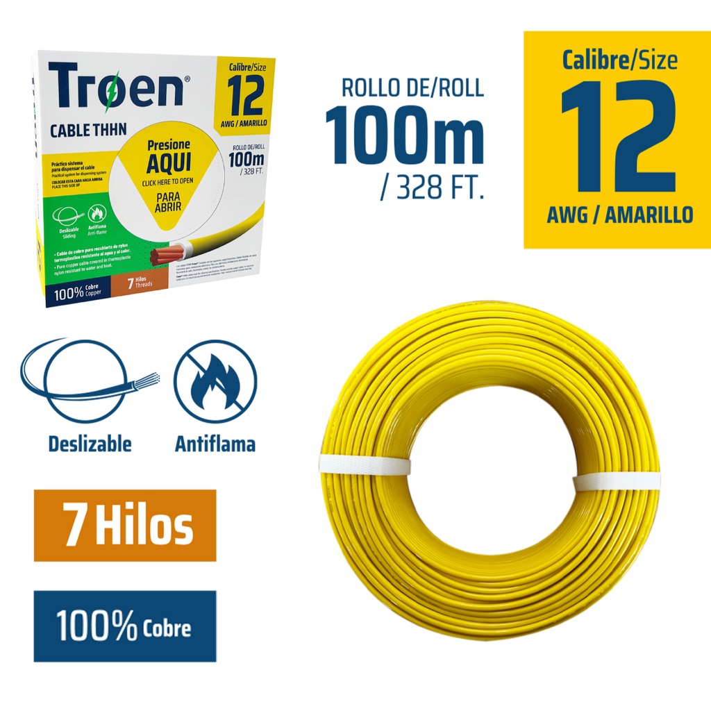 Cable Electrico #12 X 100m Amarillo TROEN