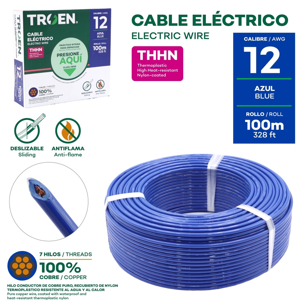 Cable Electrico #12 X 100m Azul TROEN