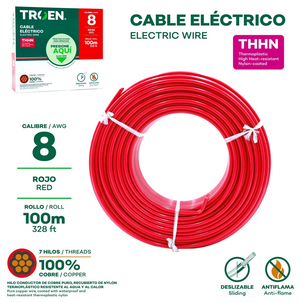 Cable Electrico #8 X 100m Rojo TROEN