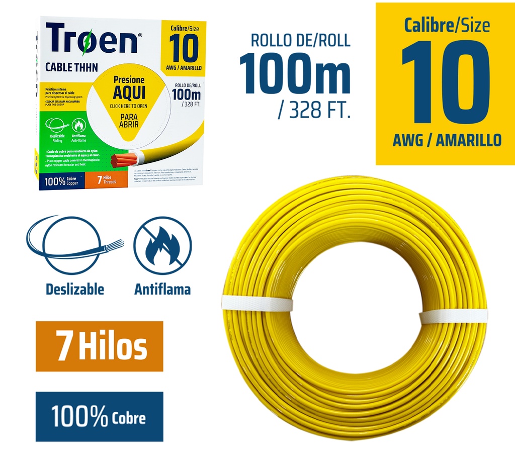 Cable Electrico #10 X 100m Amarillo TROEN
