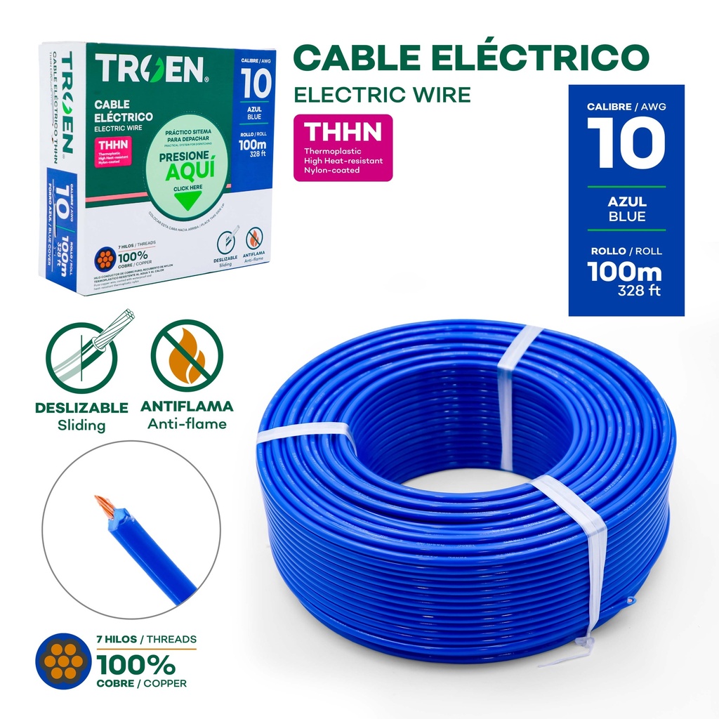 Cable Electrico #10 X 100m Azul TROEN