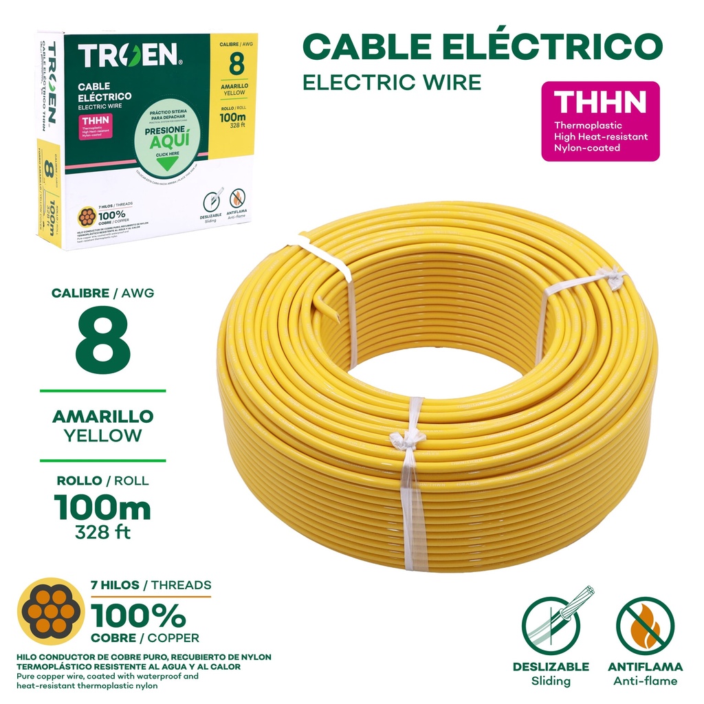 Cable Electrico #8 X 100m Amarillo TROEN
