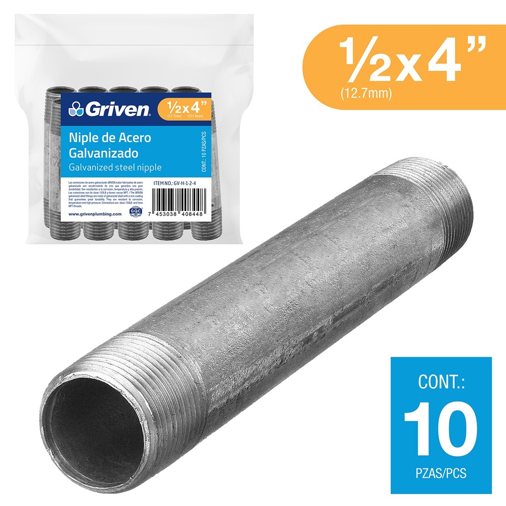 Niple Galvanizado 1/2 X 4" 10pza GRIVEN