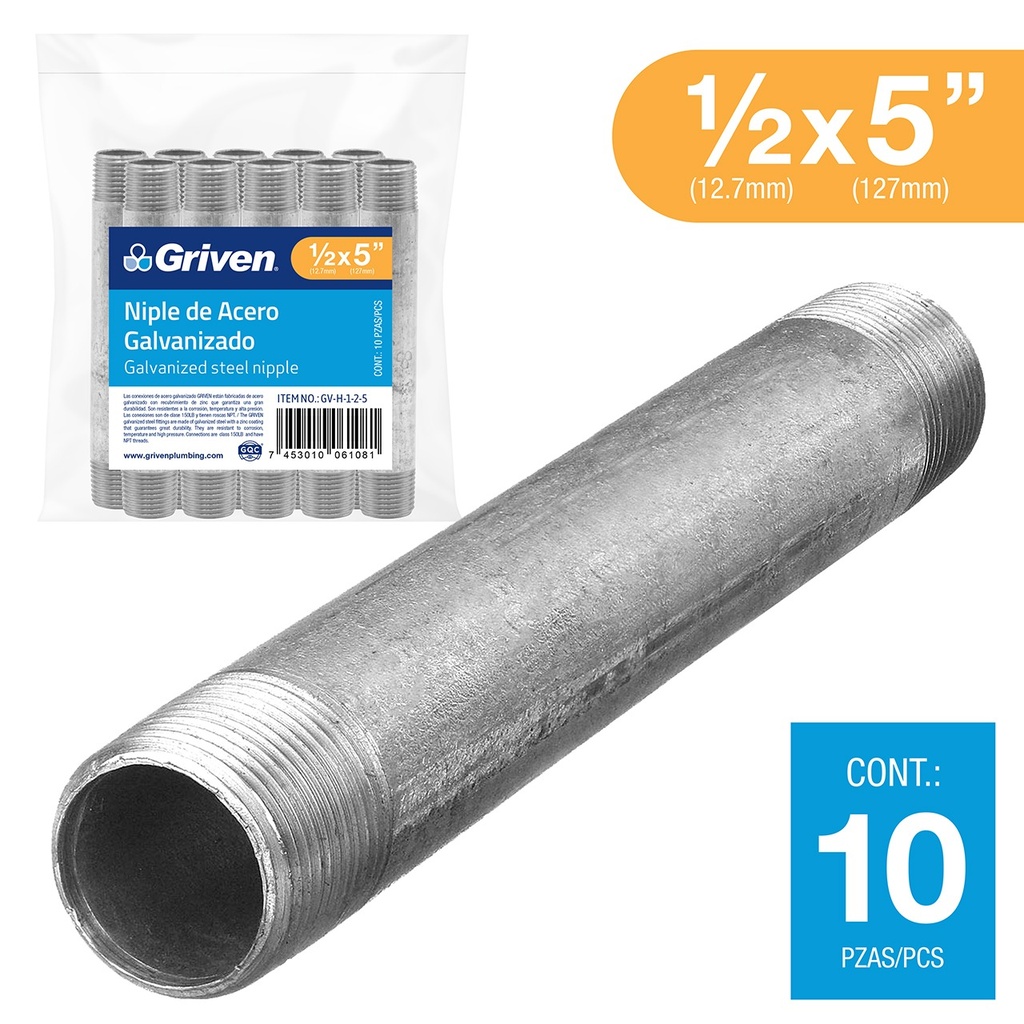 Niple Galvanizado 1/2 X 5" 10pza GRIVEN