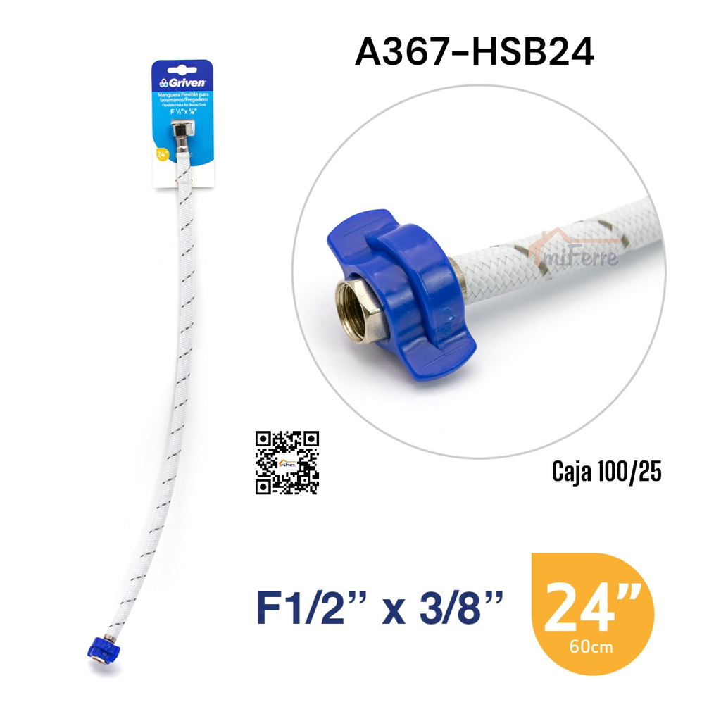 Tubo de Abasto para Lavamanos y Fregadero 1/2 X 3/8 X 24" GRIVEN