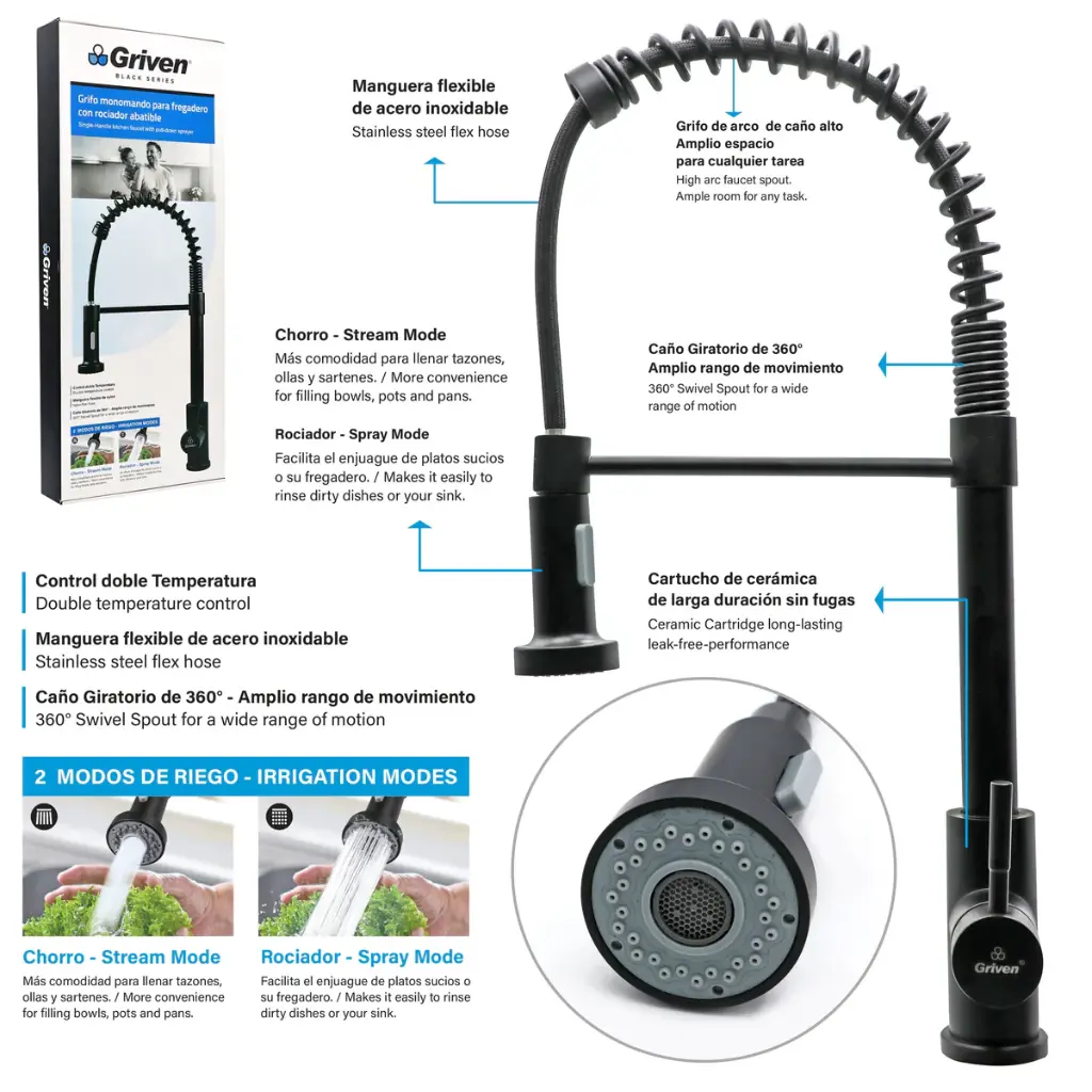 Grifo Monomando para Fregadero con Rociador Abatible GRIVEN Black Series