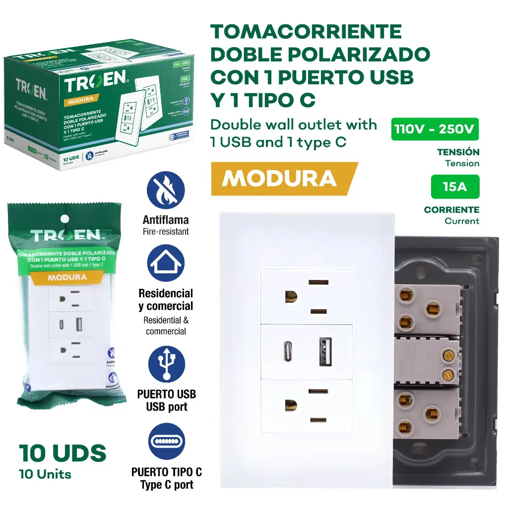 Tomacorriente Doble Polarizado con 1 Puerto USB y q Tipo C