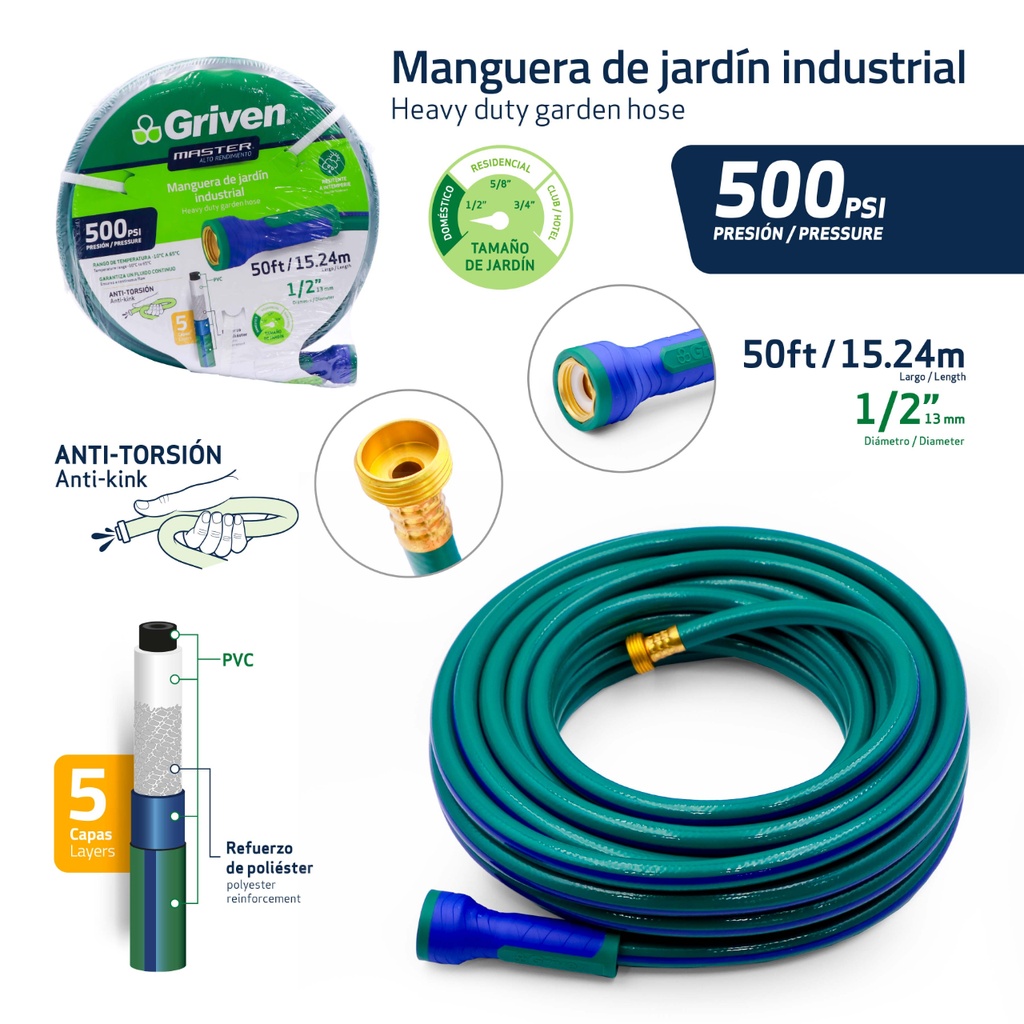 Manguera de Jardin Industrial 1/2" X 50ft GRIVEN