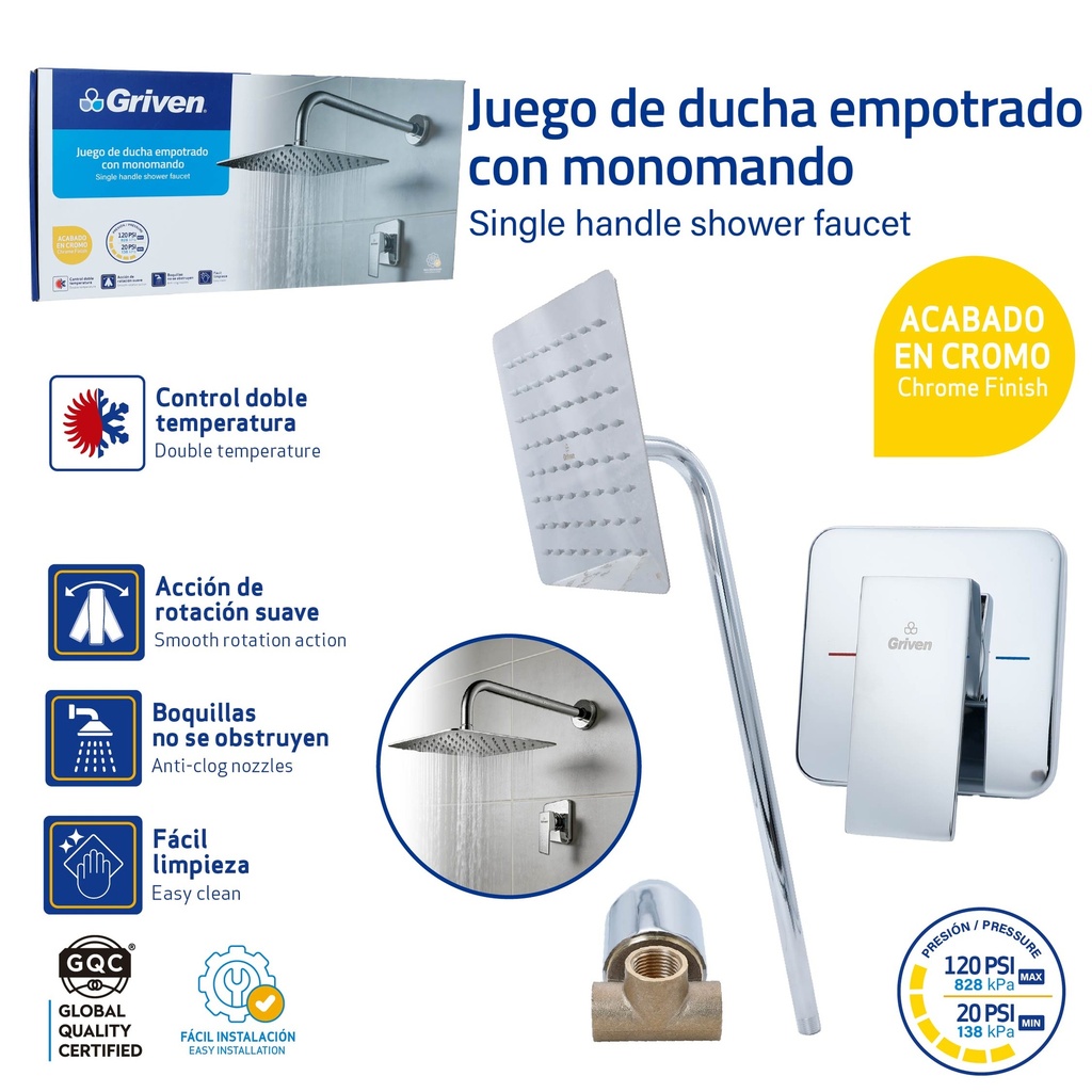 Set de Regadera Cuadrada 8" con Monomando GRIVEN