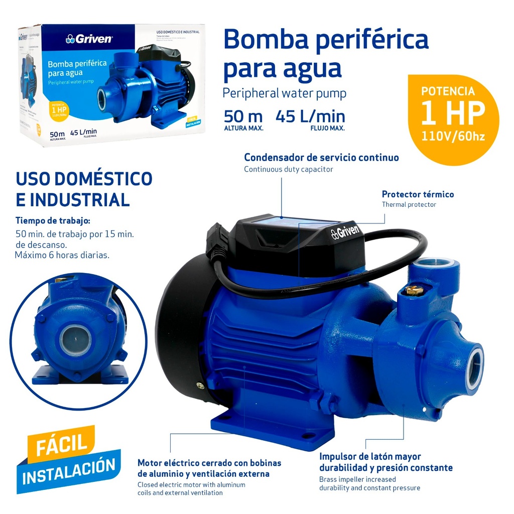 Bomba Periferica para Agua 1HP GRIVEN