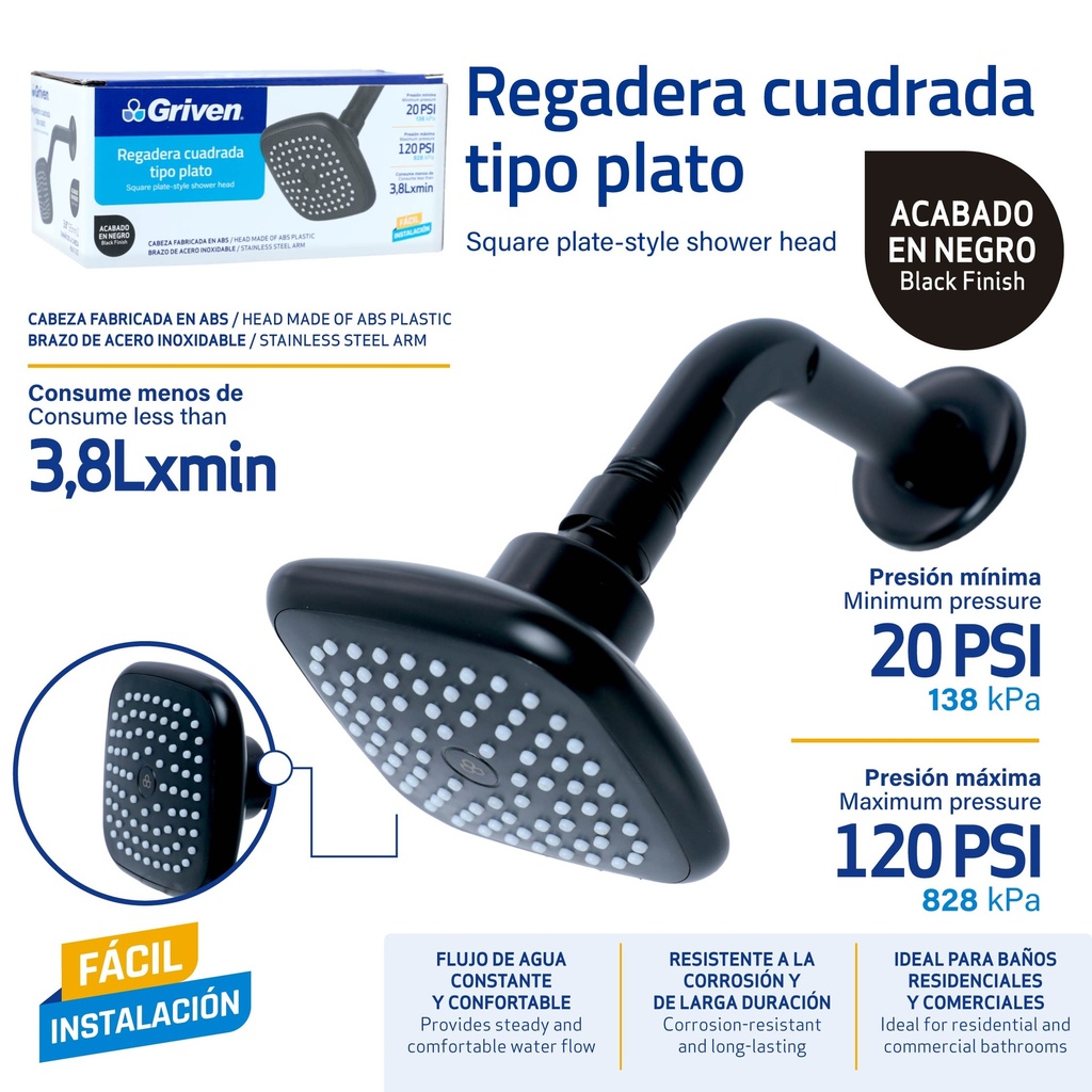 Regadera Cuadrada Tipo Plato GRIVEN