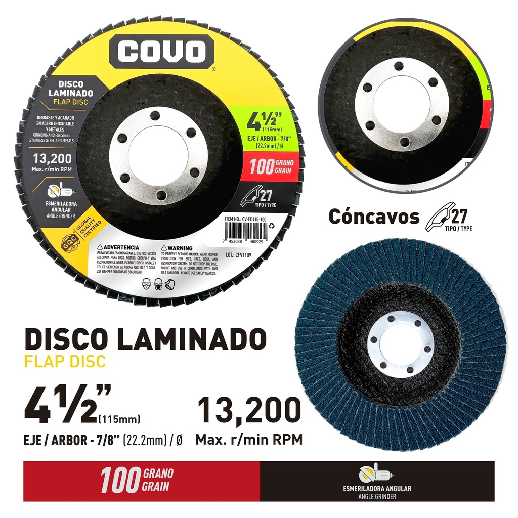 5-Pack Disco de Lija Flap 4-1/2" #100 COVO