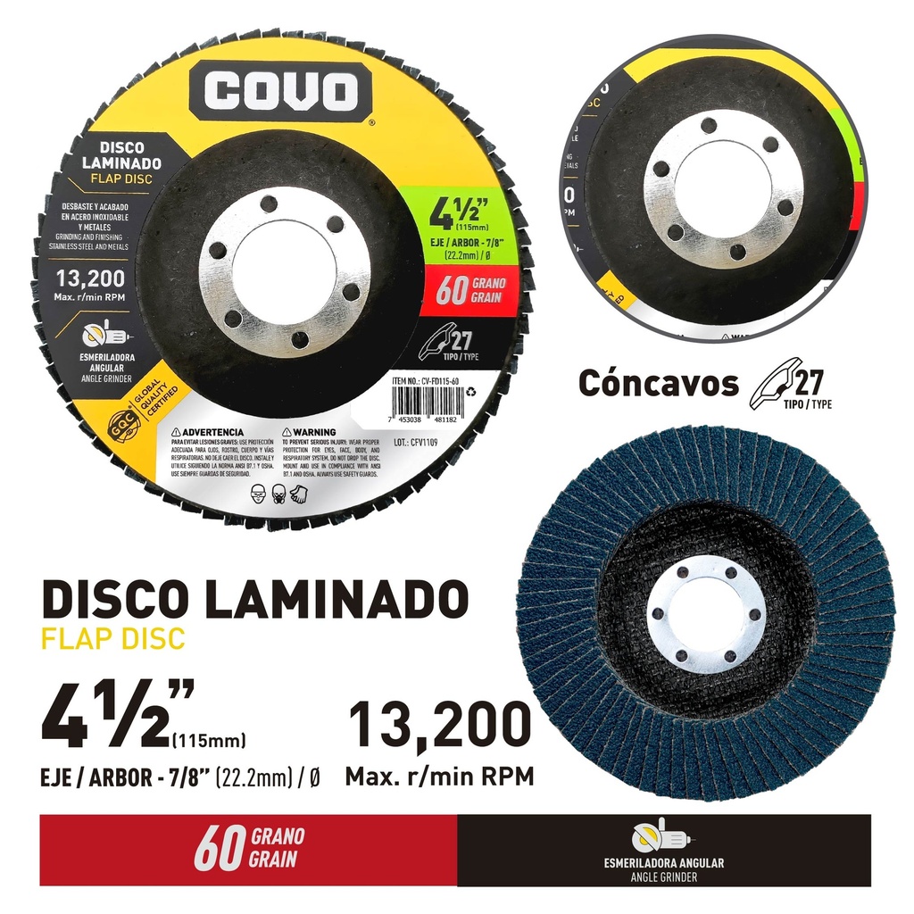 5-Pack Disco de Lija Flap 4-1/2" #60 COVO