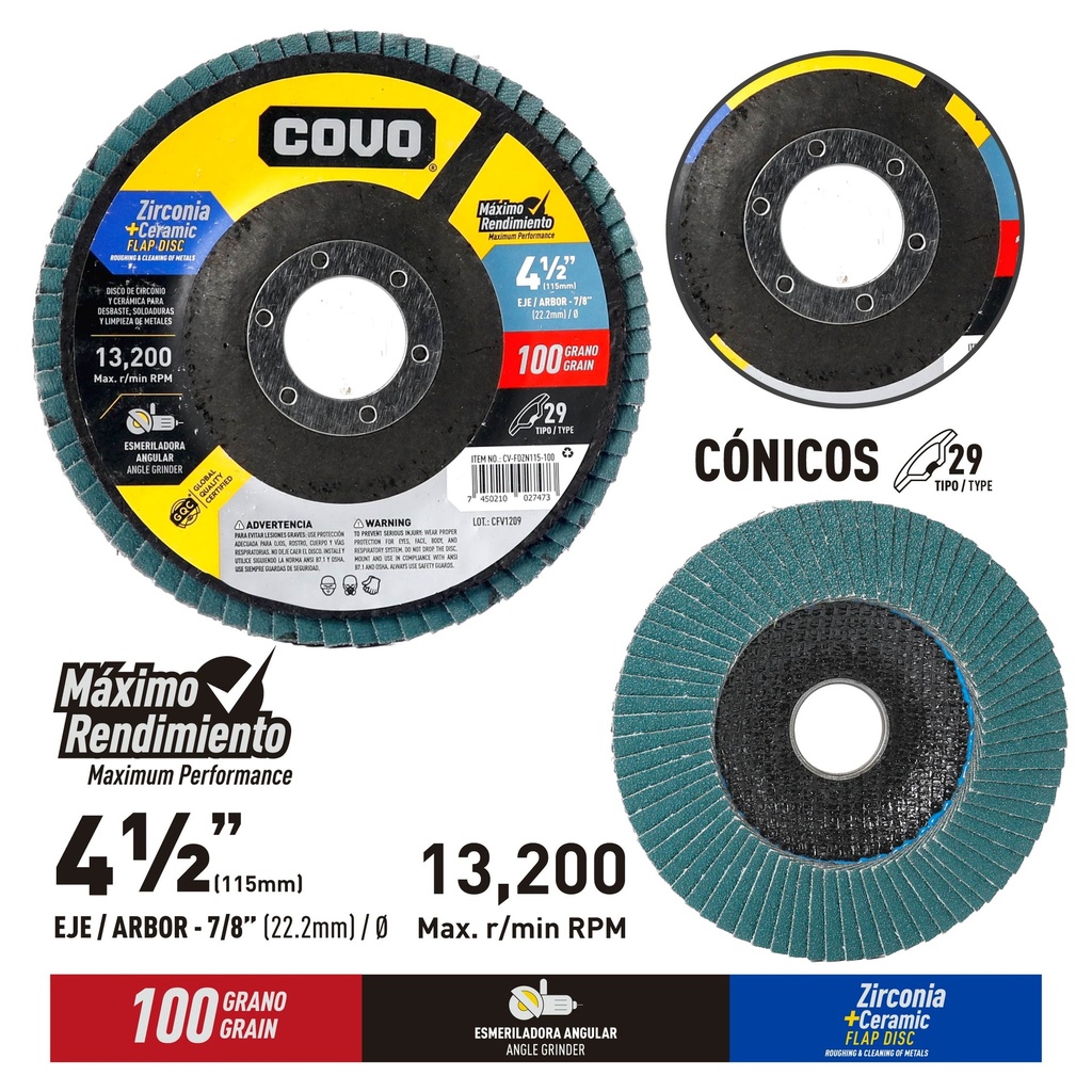 5-Pack Disco Flap de Circonio y Ceramica 4-1/2" #100 COVO