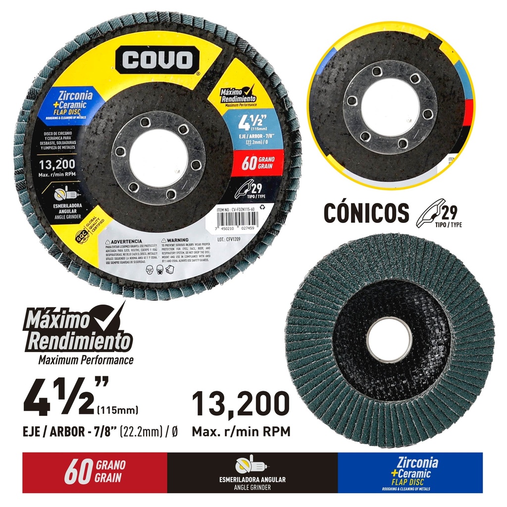 5-Pack Disco Flap de Circonio y Ceramica 4-1/2" #60 COVO