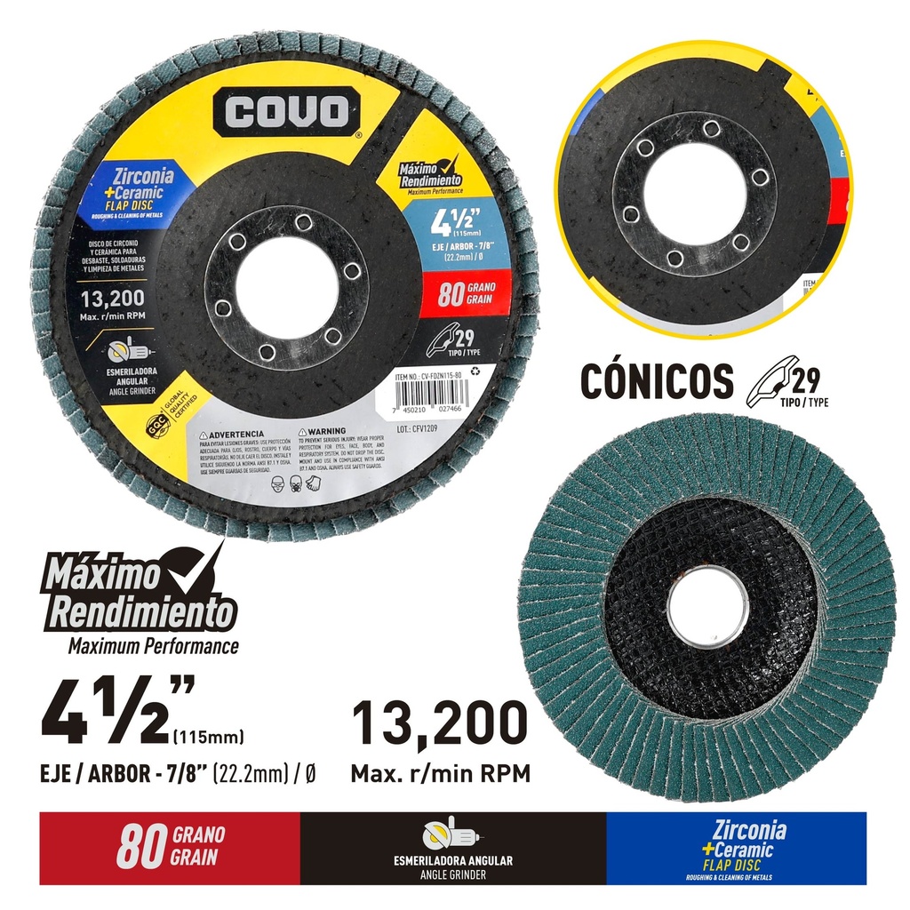 5-Pack Disco Flap de Circonio y Ceramica 4-1/2" #80 COVO