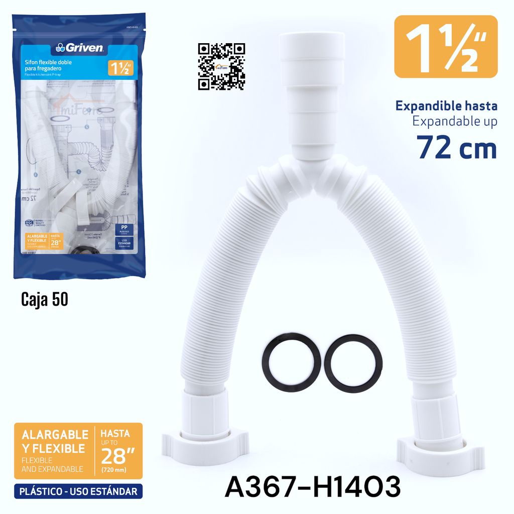 Trampa Flexible Doble para Fregadero 1-1/2" GRIVEN