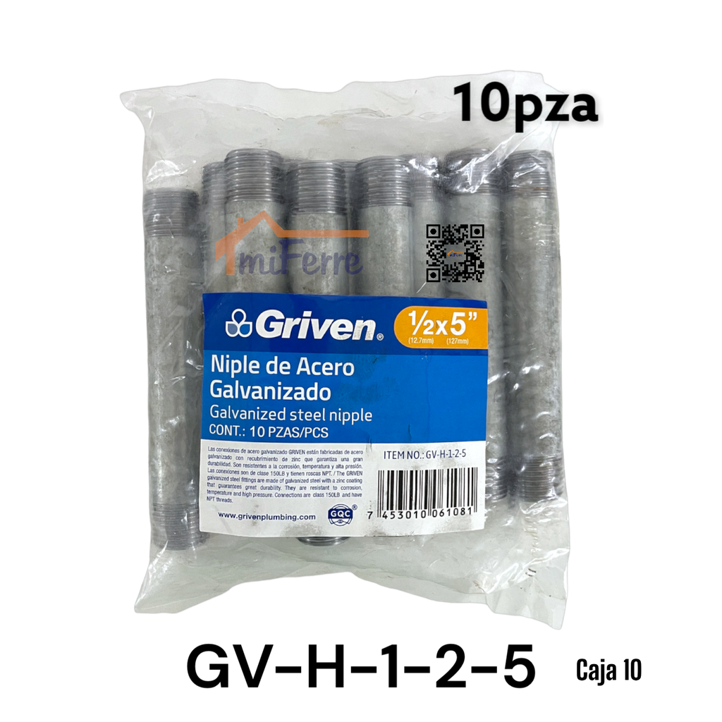 Niple Galvanizado 1/2X5&quot; GRIVEN 10pza