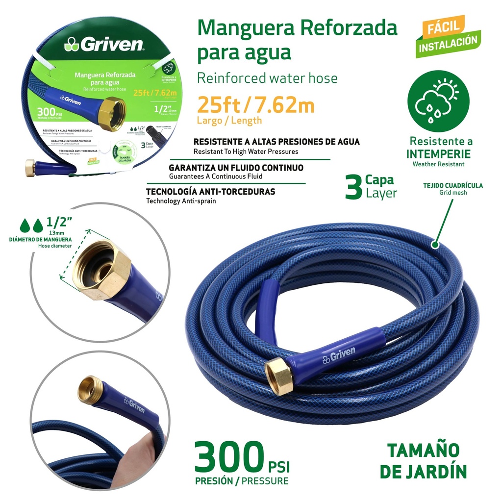 Manguera Reforzada para Agua 1/2" X 25ft GRIVEN
