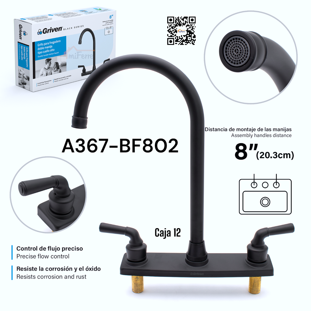 Grifo para Fregadero Doble Manija Tipo Cuello Alto GRIVEN Black Series