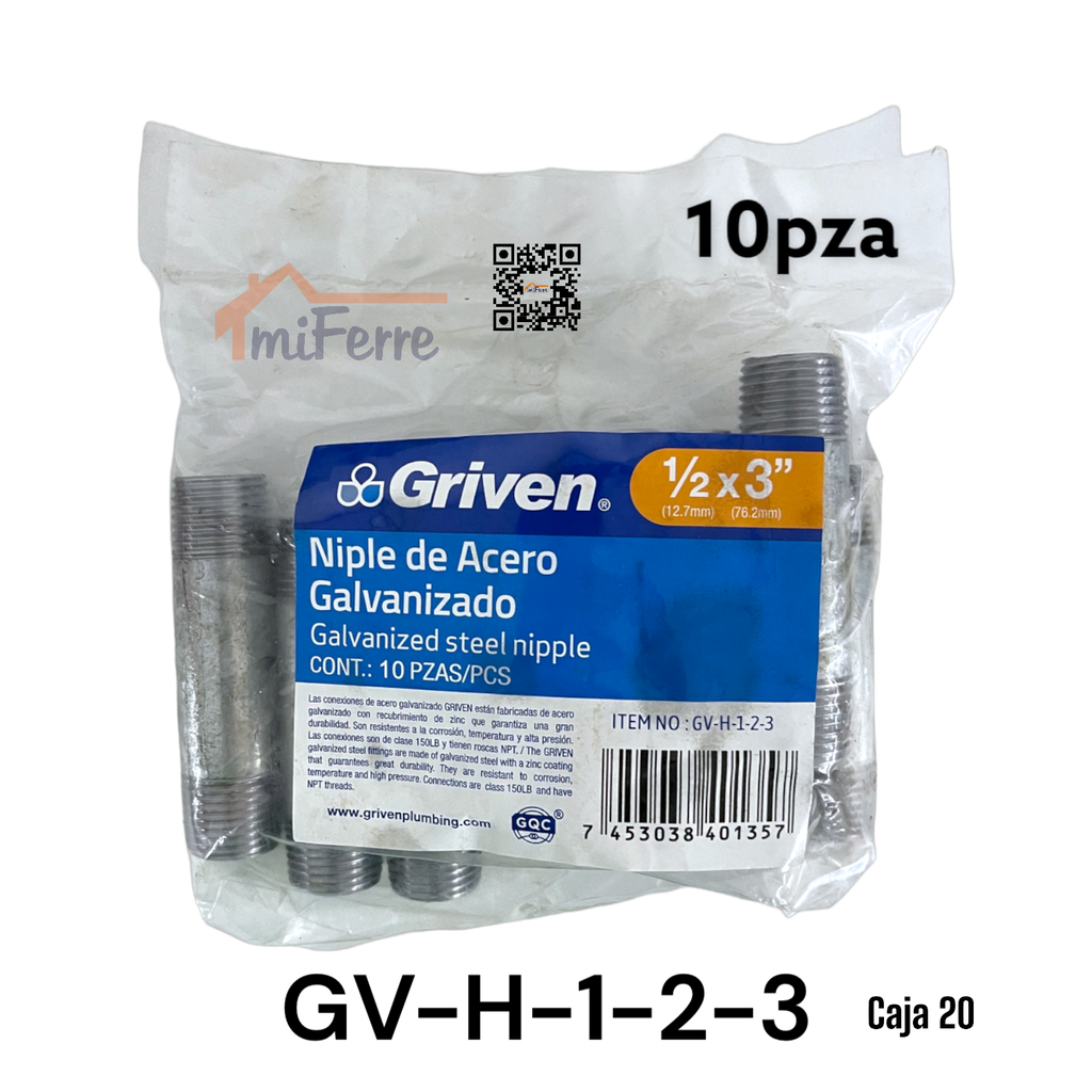 Niple Galvanizado 1/2X3&quot; GRIVEN 10pza