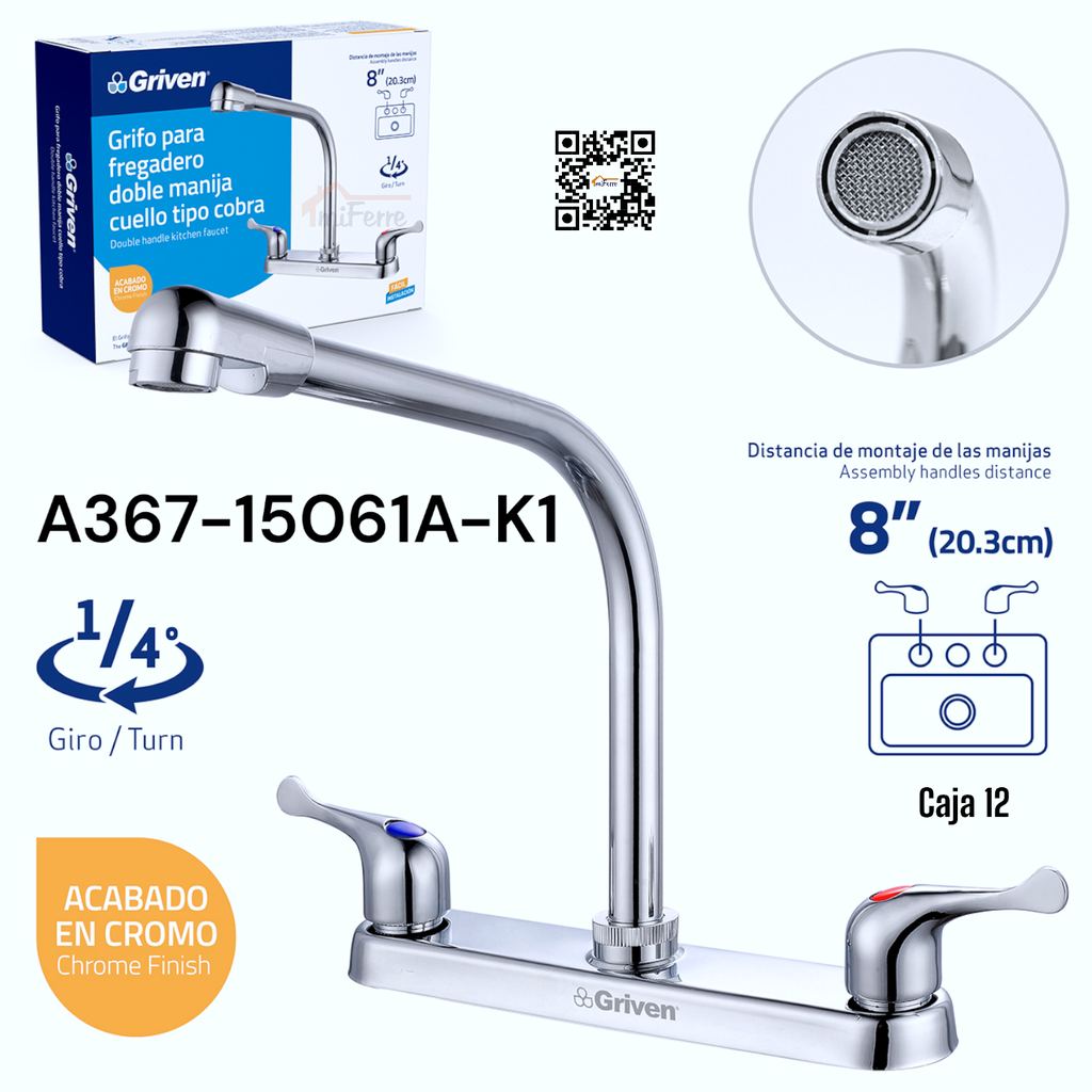 Grifo para Fregadero Doble Manija Cuello Tipo Cobra GRIVEN
