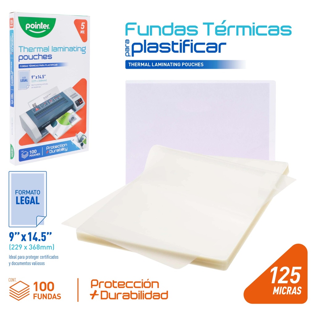Laminas para Plastificar 9 X 14" 125micras 100pza POINTER