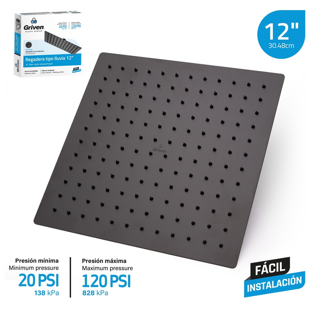 Regadera Tipo Lluvia 12" GRIVEN Black Series