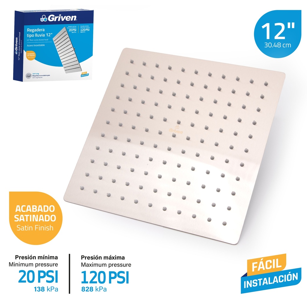 Regadera Tipo Lluvia 12" GRIVEN