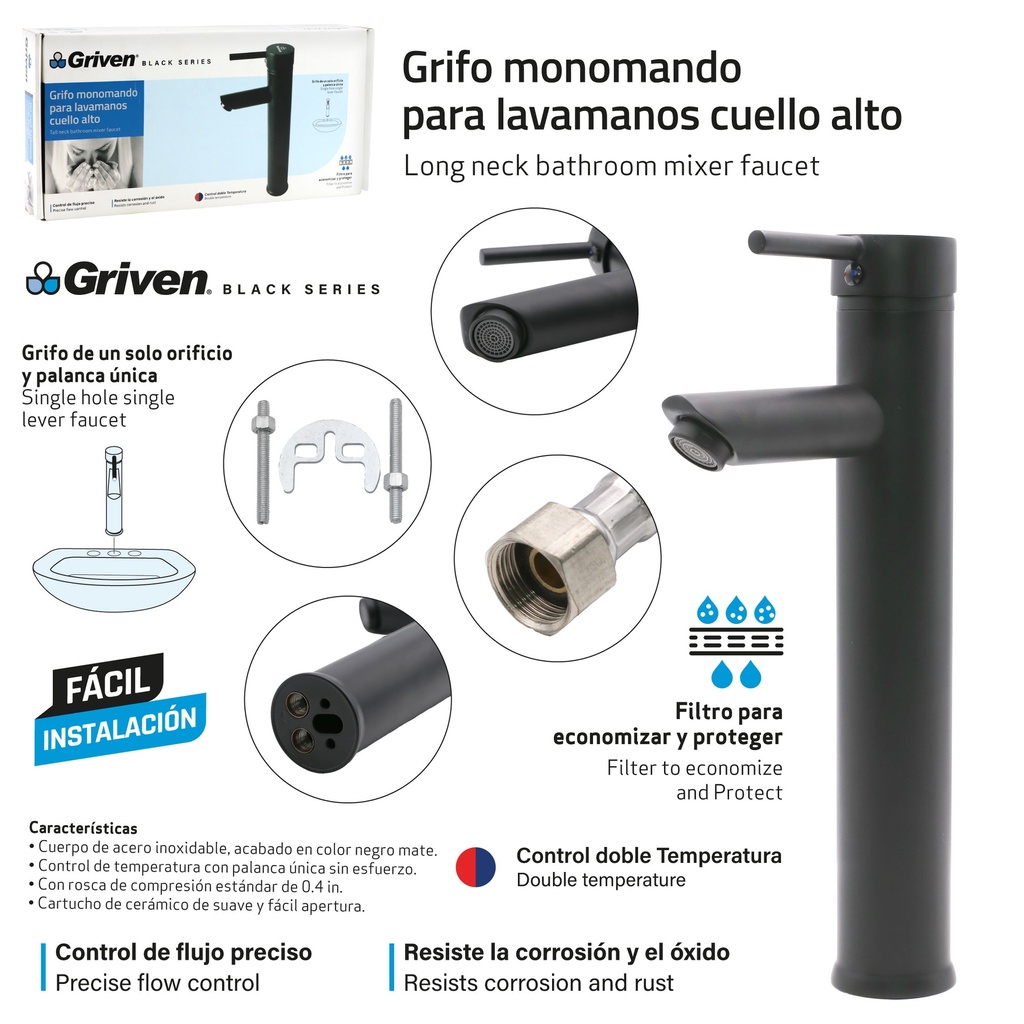 Grifo Monomando para Lavamanos Cuello Alto | miFerre PTY