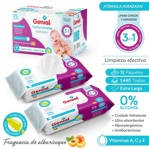 [GN-BWC55-80] Toallitas Humedas XL Albaricoque 80pza GENIAL