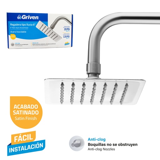 [GV-SHS6-SARM] Regadera Tipo Lluvia 6" GRIVEN