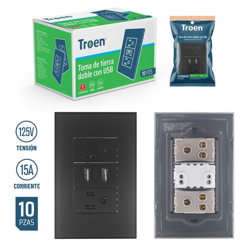 [A136-ETB-6C2U] Tomacorriente Doble con USB TROEN