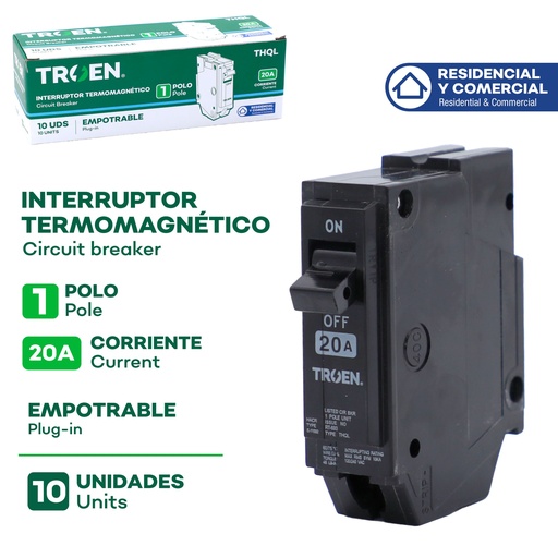 [THQL-20A] Breaker Sencillo 20A TROEN 10pza