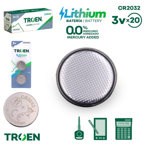 [TR-CR2032-2B] 2-Pack Bateria CR2032 TROEN (20paq)